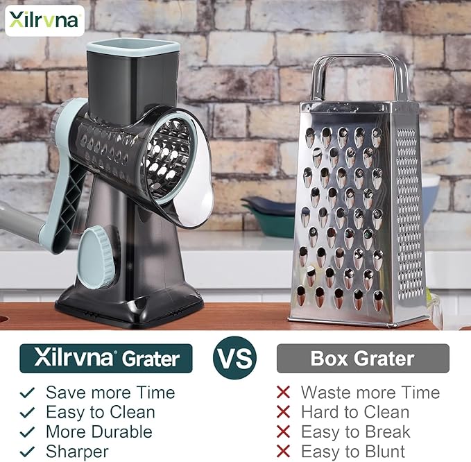 Rotary Cheese Grater with Handle Kitchen Shredder Slicer Grater Slicer Ice Shaver Cheese Vegetable Nuts Potato Zucchini Chocolate 3 Interchangeable Blades (GreyBlue - Image 2