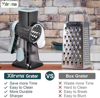 Rotary Cheese Grater with Handle Kitchen Shredder Slicer Grater Slicer Ice Shaver Cheese Vegetable Nuts Potato Zucchini Chocolate 3 Interchangeable Blades (GreyBlue - Image 2