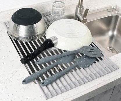 Surpahs 20.5 x 13.1 Inch Roll-Up Dish Drying Rack, Fits Across Sink Openings up to 19.5 Inches, Heavy-Duty Premium Silicone, Strong Support, Non-Slip, Heat-Resistant, Warm Gray - Image 3
