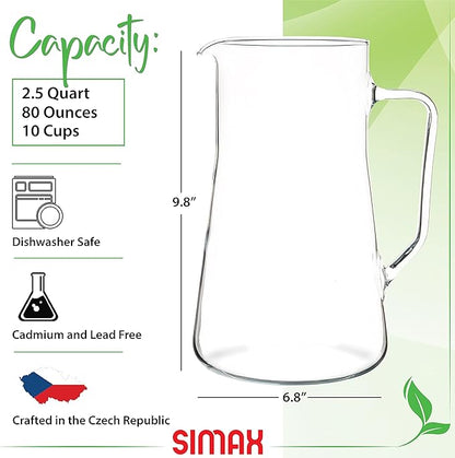 Simax Large Glass Pitcher With Spout, 2.5 Quart (80 Ounce) Borosilicate Glass Iced Tea Pitchers with Handle, Angled Cylinder Design, Glass Water Pitcher - Image 2