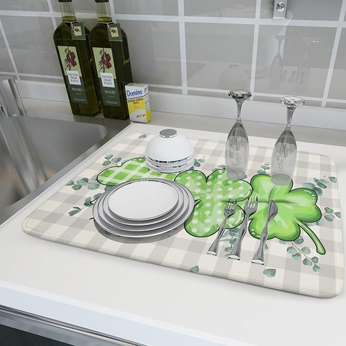 Giwawa Patrick Dish Drying Mat for Kitchen Green Clovers Grey Buffalo Plaids Dish Drainer Mats 18x24inch Spring Leaf Dish Drying Rack Pad Protector for Countertop Dining Holiday Decor