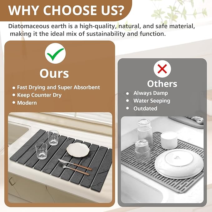 2 PCS Large Stone Dish Drying Mat for Kitchen Counter, Marbled Quick Dry Stone Dish Mats, Diatomaceous Earth Drying Pad, Foldable and Super Absorbent Dish Drying Stone Mat (Dark Gray 24"×16" & 8"×4") - Image 5