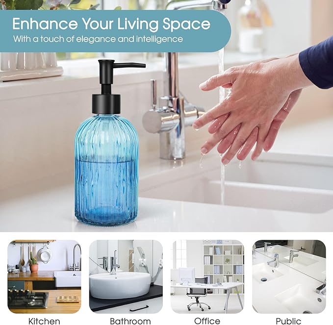 Topsky Stripe Glass Soap Dispenser with Black Plastic Pump, 400ml Liquid Hand Soap Dispenser, Rustproof Pump for Kitchen & Bathroom, Great for Lotions, Essential Oil, Liquid Soaps- (Light Blue) - Image 6