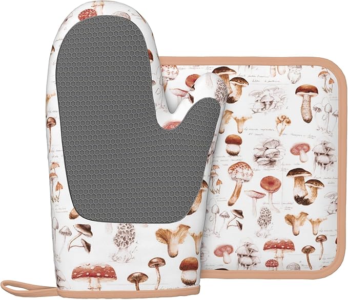 Mushroom Silicone Oven Mitts Pan Mats Set of 2, Heat Resistant Gloves Potholder with Non-Slip Grips Hanging Loops Pot Holder, Spring Summer for Chef Cooking, Baking, Grilling, BBQ