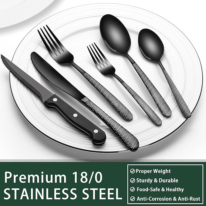 EWFEN 24-Piece Black Silverware Set with Steak Knives, Black Flatware Set for 4, Food-Grade Stainless Steel Tableware Cutlery Set, Mirror Finished Utensil Sets for Home Restaurant, Round Hammered - Image 5