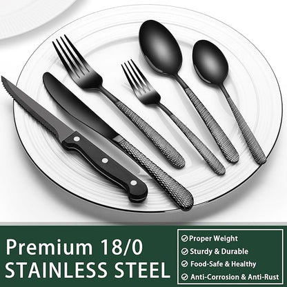 EWFEN 24-Piece Black Silverware Set with Steak Knives, Black Flatware Set for 4, Food-Grade Stainless Steel Tableware Cutlery Set, Mirror Finished Utensil Sets for Home Restaurant, Round Hammered - Image 5