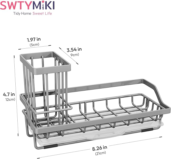 SWTYMIKI Sink Caddy Sponge Holder - Kitchen Sink Organizer with High Brush Holder for Countertop to Hold Dish Soaps and Sponges, Stainless Steel, Gray - Image 7