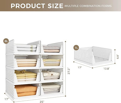Pinkpum 8 Pack Closet Organizers and Storage Plastic Stackable Storage Bins, Foldable Drawer Shelf Storage Container for Wardrobe Kitchen Bathroom Dorm White - Image 2