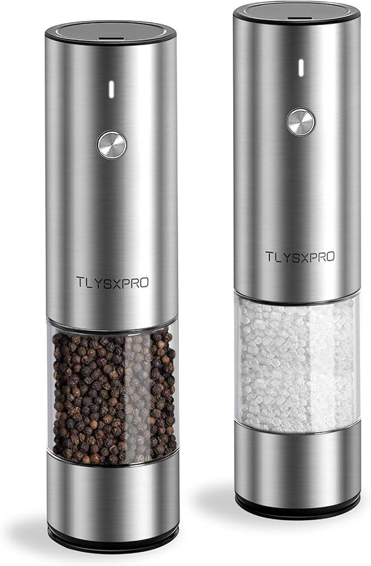 Electric Salt and Pepper Grinder Set, USB Rechargeable, Stainless Steel Automatic Salt and Pepper Mill Grinder with Adjustable Coarseness, Electric Salt Shakers, LED Light, Refillable (2 Packs) by TLYSXPROOfficial