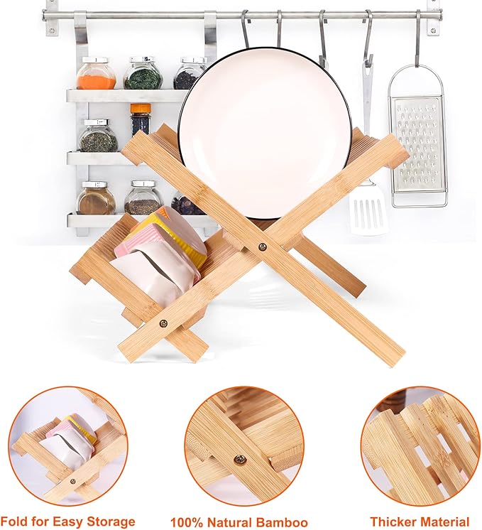 Collapsible Bamboo Dish Drying Rack - 2 Tier Space Saving Kitchen Counter Organizer, Holds 19 Plates, Bowls & Utensils (17.8"x10.23"x9.25")