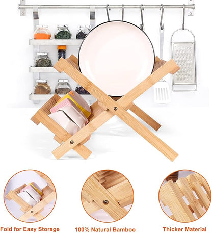 Collapsible Bamboo Dish Drying Rack - 2 Tier Space Saving Kitchen Counter Organizer, Holds 19 Plates, Bowls & Utensils (17.8"x10.23"x9.25")