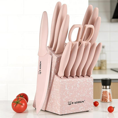 Knife Set, 15 Pieces Knives Sets for Kitchen with Block, Dishwasher Safe Kitchen Knife Set with Built in Sharpener Block, German High Carbon Stainless Steel Knife Block Set with Pink Nonstick Coating - Image 8