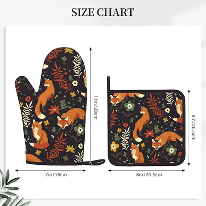 Fox Silicone Oven Mitts Pan Mats Set of 2, Heat Resistant Gloves Potholder with Non-Slip Grips Hanging Loops Pot Holder, Spring Summer for Chef Cooking, Baking, Grilling, BBQ