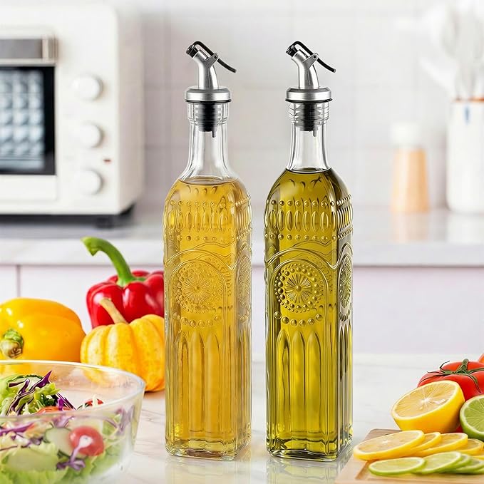 WERTIOO Olive Oil Dispenser Bottle for Kitchen,17oz Clear Glass Cooking Olive Oil and Vinegar Dispenser with Funnel, Delicately Engraved Glass Bottles for Kitchen - Image 4