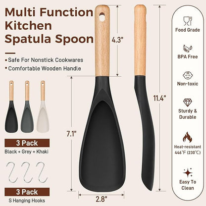 3 PACK Cooking Spatula Spoon for Nonstick Cookware, Multifunction Spoonula Great for Cooking, Serving, Baking, Mixing, Stirring, Scoop, Scrape - Sturdy BPA-Free Heat Resistant Silicone & Wood Handle - Image 6
