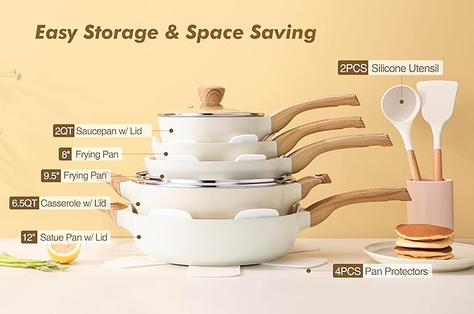 SENSARTE Ceramic Cookware Sets, Pots and Pans Set Non stick, 14 Piece Induction Cookware, Non toxic Healthy Non Stick Kitchen Cooking Set, with Frying Pans Set, PFAS PTFE PFOA PFOS Free - Image 3