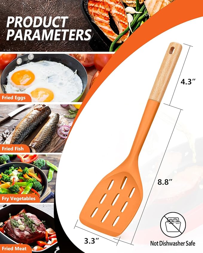 Pack of 2 Silicone Spatula, Non Stick Cooking Utensil Set, Wooden Handle Kitchen Turner for Baking Mixing Grilling Serving Food Heat Resistant (ORANGE) - Image 2