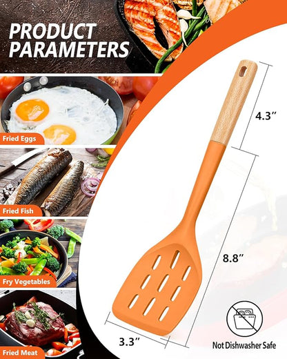 Pack of 2 Silicone Spatula, Non Stick Cooking Utensil Set, Wooden Handle Kitchen Turner for Baking Mixing Grilling Serving Food Heat Resistant (ORANGE) - Image 2