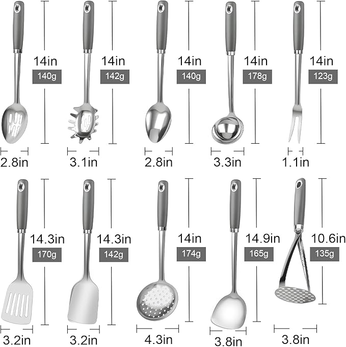 10 Piece Stainless Steel Cooking Utensils Set - 18/0 Heavy Duty Kitchen Tools for Grilling & Serving (Grey) - Image 7