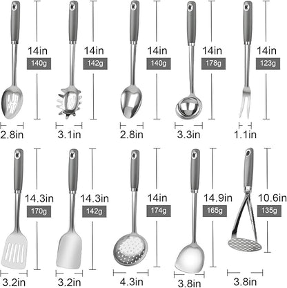 10 Piece Stainless Steel Cooking Utensils Set - 18/0 Heavy Duty Kitchen Tools for Grilling & Serving (Grey) - Image 7