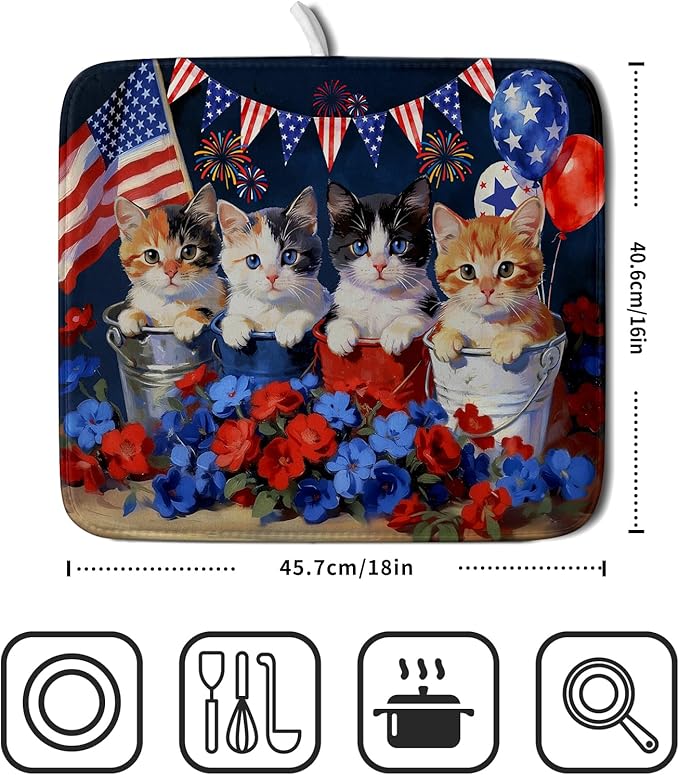 4th of July Dish Drying Mat Patriotic Cats Dish Drying Rack Mat for Kitchen Counter Small - Image 2
