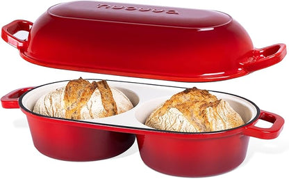 Dutch Oven For Sourdough Bread Baking – Enamelled Cast Iron Bread Loaf Pot – 500°F Oven Safe Non Stick Bread Pot – Double Round Loaf Space, 16.5cm Diameter, Red, – by Nuovva by Nuovva