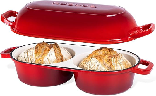 Dutch Oven For Sourdough Bread Baking – Enamelled Cast Iron Bread Loaf Pot – 500°F Oven Safe Non Stick Bread Pot – Double Round Loaf Space, 16.5cm Diameter, Red, – by Nuovva by Nuovva
