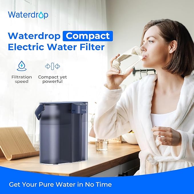 Waterdrop ED02B Compact Electric Water Filter Pitcher, 200-Gallon Rechargeable Instant Powerful Dispenser, NSF/ANSI 42&53&401&372, Reduce PFOA/PFOS, Lead, Chlorine, 14-Cup, NOT Reduce TDS, Blue