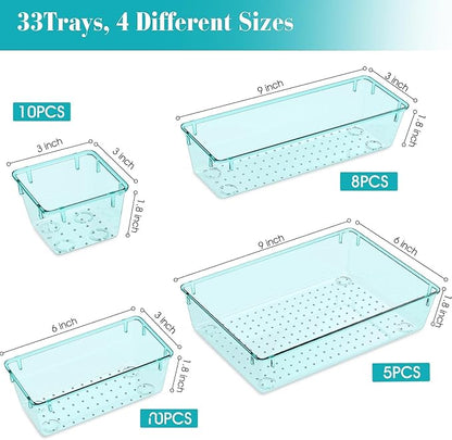 StorMiracle 33 PCS Clear Plastic Drawer Organizers Set, 4 Size Desk Drawer Organizer Trays for Makeup, Jewelry, Kitchen Utensils, Gadgets and Office Accessories, Sea Blue - Image 2