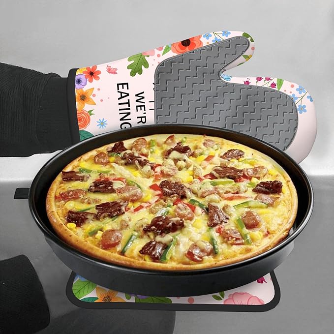 Funny Oven Mitts & Pot Holder Set, Heat Resistant Silicone Oven Mitts, Humorous Baking Gifts for Couple, Birthday Mother's Day Housewarming Gift for Family, New Homeowners