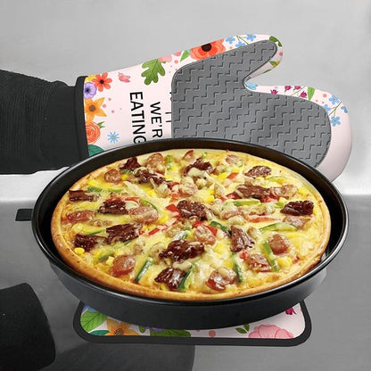 Funny Oven Mitts & Pot Holder Set, Heat Resistant Silicone Oven Mitts, Humorous Baking Gifts for Couple, Birthday Mother's Day Housewarming Gift for Family, New Homeowners