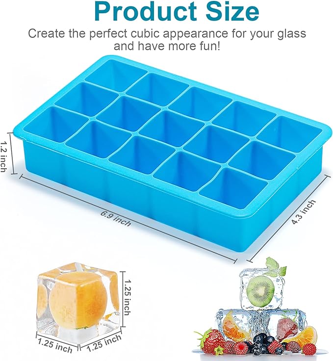 2 Pack Ice Cube Trays, ZDPMK Silicone Easy Release Flexible Molds 15 Ice Cubes Tray for Freezer，Cocktail，Whiskey，Reusable & BPA Free - Image 2
