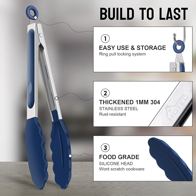 HOTEC Premium 7 & 9 Inch Kitchen Tongs, Stainless Steel Locking Cooking Tongs with Silicone Tips, Non-Scratch & Heat Resistant, Serving Tongs for Salad, BBQ, Classic Blue, Set of 2 - Image 2