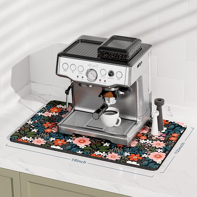 Rnivvi Coffee Mat, 12" x 19" Cute Coffee Bar Mats for Espresso Machine Station Accessories and Organizer, Hide Stain Rubber Backed Absorbent Dish Drying Pad for Kitchen Counter, Floral Cartoon - Image 2