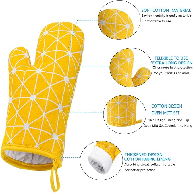 Oven Mitts and Potholders BBQ Gloves-Oven Mitts and Pot Holders with Recycled Infill Silicone Non-Slip Cooking Gloves for Cooking Baking Grilling (4-Piece Set) (Yellow-02) - Image 2