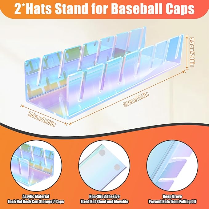 Hat Stand for Baseball Caps, 2 Pack No Install Acrylic Hat Organizer for 14 Baseball Caps Storage Organizer, Hat Racks Hat Holder Display and Organization for Closet, Bedroom, Dresser (Colorful-2Pack) - Image 7