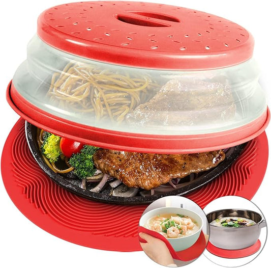 2 in 1, Aidacom Microwave Splatter Cover for Food & Silicone Microwave Mat, Mat as Bowl Holder, Trivet, Pot Holders, Drying, Baking, Utensils Rest for Kitchen Counter, Dishwasher Safe, Red by AIDACOM