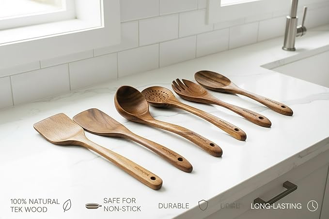Teak Wood Kitchen Utensils Set – 6 Piece, Sustainable Teak Cooking Utensils, Non-Stick Safe, Heat Resistant Wooden Spoons & Spatulas