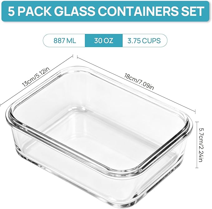 Vtopmart 5Pack 30oz Glass Storage Containers with Lids, Glass Meal Prep Food Container Sets with Snap Airtight Lids for Microwave, Oven, Freezer and Dishwasher, Grey - Image 2