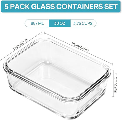 Vtopmart 5Pack 30oz Glass Storage Containers with Lids, Glass Meal Prep Food Container Sets with Snap Airtight Lids for Microwave, Oven, Freezer and Dishwasher, Grey - Image 2
