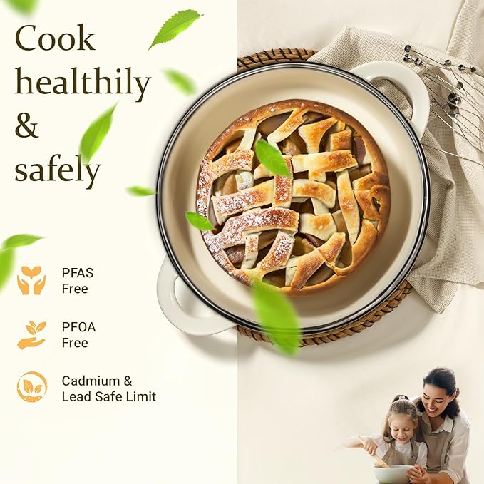 Overmont Enameled Cast Iron Dutch Oven - 7QT Pot with Lid Cookbook & Cotton Potholders - Heavy-Duty Cookware for Braising, Stews, Roasting, Sourdough Baking Cream White - Image 2