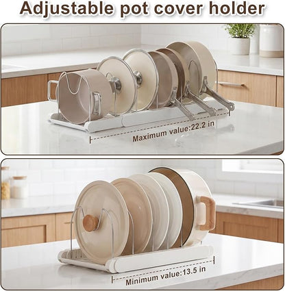 Expandable Pots and Pans Organizer Under Cabinet, 7 Stainless Steel Dividers, HIPS Base, 13-22 inch Heavy Duty Pan Rack with Lid Holder, Pot Organizer Inside Cabinet for Kitchen Storage