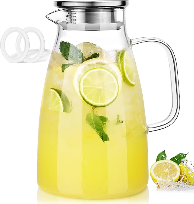 LUNA & MANTHA 2 Liter 68oz Water Pitcher with Handle and Spout, Glass Pitcher with Lid for Fridge, Borosilicate Glass for Sangria, Iced Tea, Juice, Cold/Hot Beverage, Large Jug with 2 Silicone Rings by LUNAMANTHA