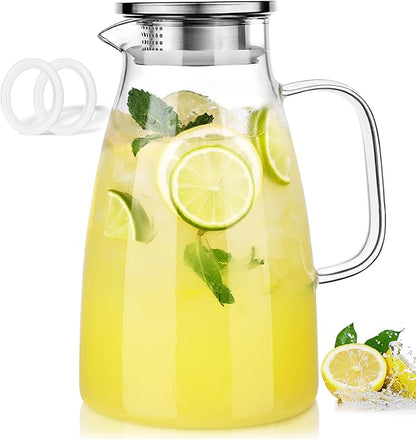 LUNA & MANTHA 2 Liter 68oz Water Pitcher with Handle and Spout, Glass Pitcher with Lid for Fridge, Borosilicate Glass for Sangria, Iced Tea, Juice, Cold/Hot Beverage, Large Jug with 2 Silicone Rings by LUNAMANTHA