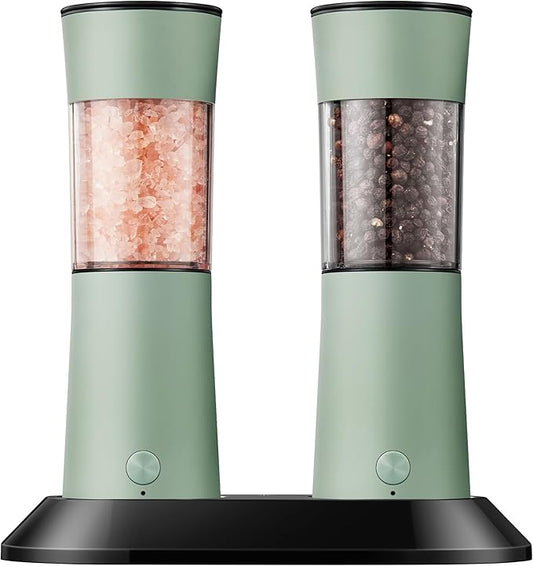 Electric Salt and Pepper Grinder Set–USB-C Rechargeable Charging Base Pepper Mill, Dual LED Light, Adjustable Coarseness,One-Handed Operation, Stainless Steel Sage Green Finish,2pack