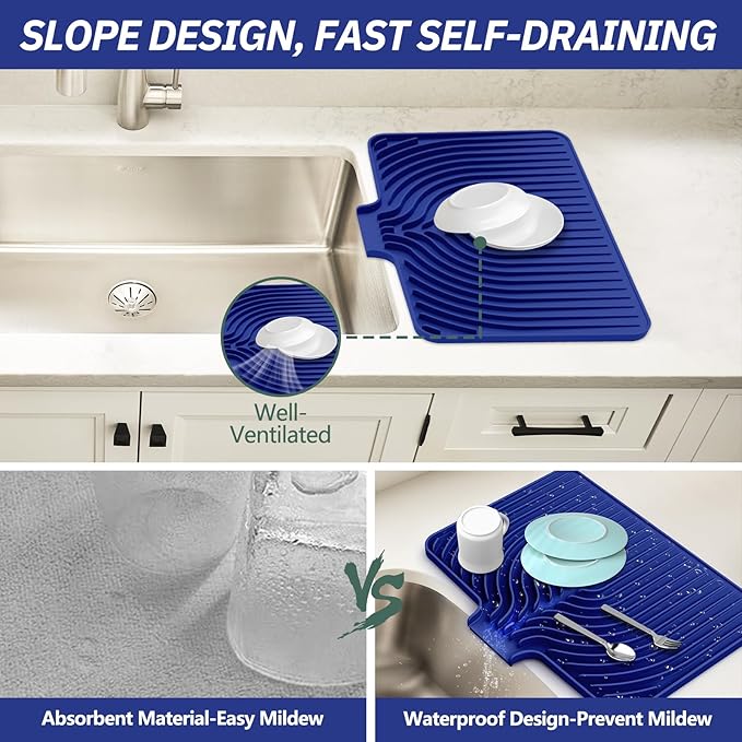 Dish Drying Mat for Kitchen Counter, with Built-in Drain Lip, Food-Grade Silicone, Easy Clean Pad for Countertop Protection, Multi-Functional Use (18x11.8, Midnight Blue) - Image 4