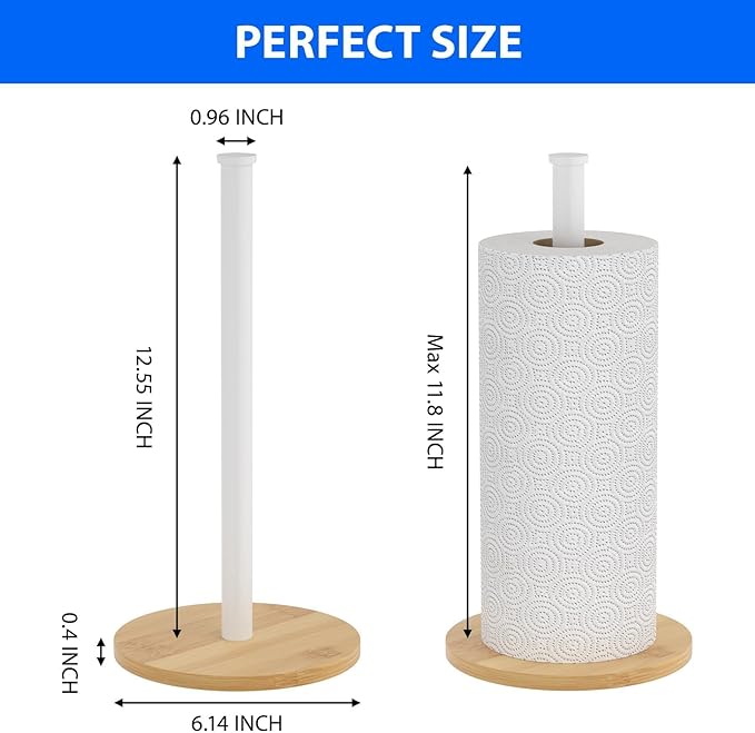 Wooden Paper Towel Holder Countertop, White,Non-Slip Base, Stainless Steel, FreeStanding, Easy Install, Durable, Ideal for Home,RV,Bathroom,Farmhouse Essentials Decor Accessories