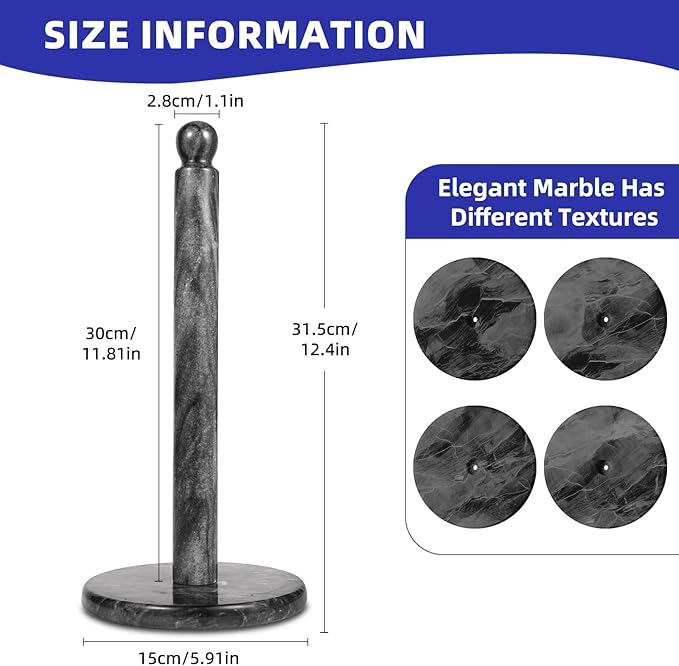 Natural Marble Paper Towel Holder for Kitchen Countertop - 2.6 lbs Heavy Duty Weighted Base for One-Handed Tearing -Fits Extra-Large & Jumbo Rolls - Elegant Modern Design with Ball Top - Black