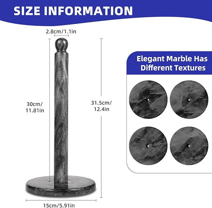 Natural Marble Paper Towel Holder for Kitchen Countertop - 2.6 lbs Heavy Duty Weighted Base for One-Handed Tearing -Fits Extra-Large & Jumbo Rolls - Elegant Modern Design with Ball Top - Black