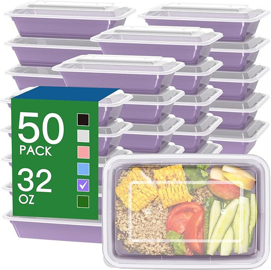 50 Pack (100-Piece) 32 oz Meal Prep Containers Reusable with Easy Open Lids, Sturdy Leakproof Food Safe, Microwave Freezer Dishwasher Safe, To Go Take Out Plastic Food Storage Pans with Lids, Lilac by Dealusy